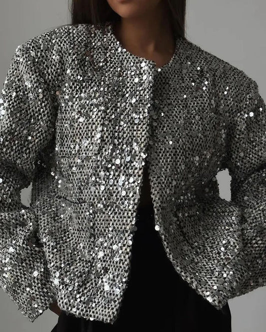 Fashionable Silver-Black Sequined Chunky Knit Oversized Top