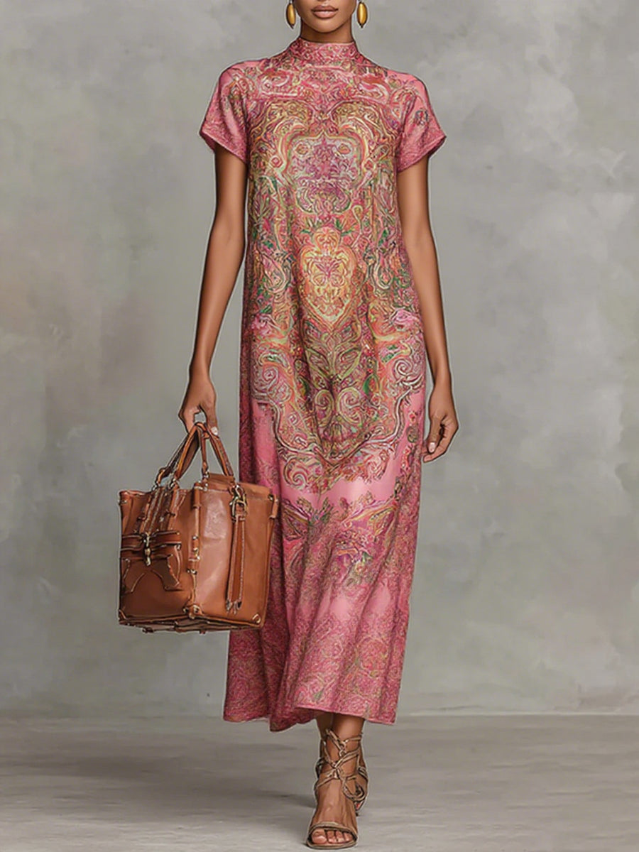 Contrast Floral Mock Neck Loose Maxi Dress