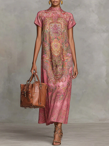 Contrast Floral Mock Neck Loose Maxi Dress