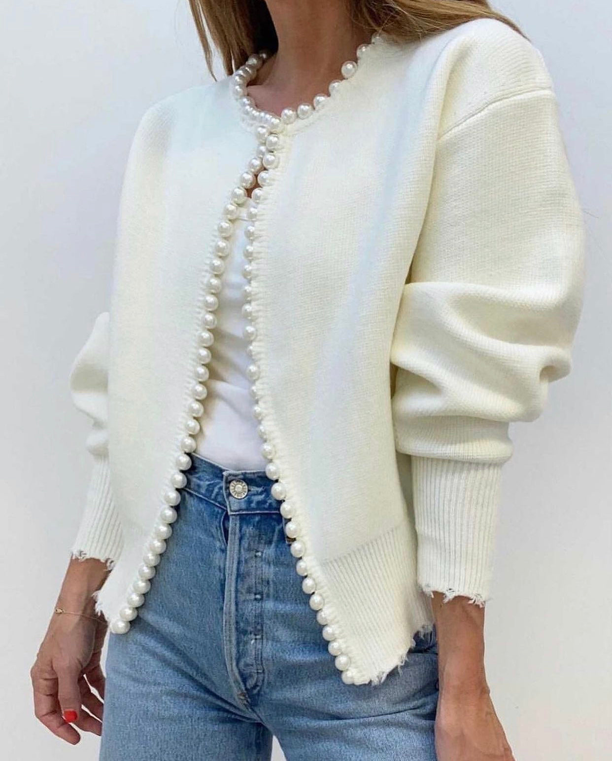 Pearl Chain V-Neck Oversized Knit Cardigan