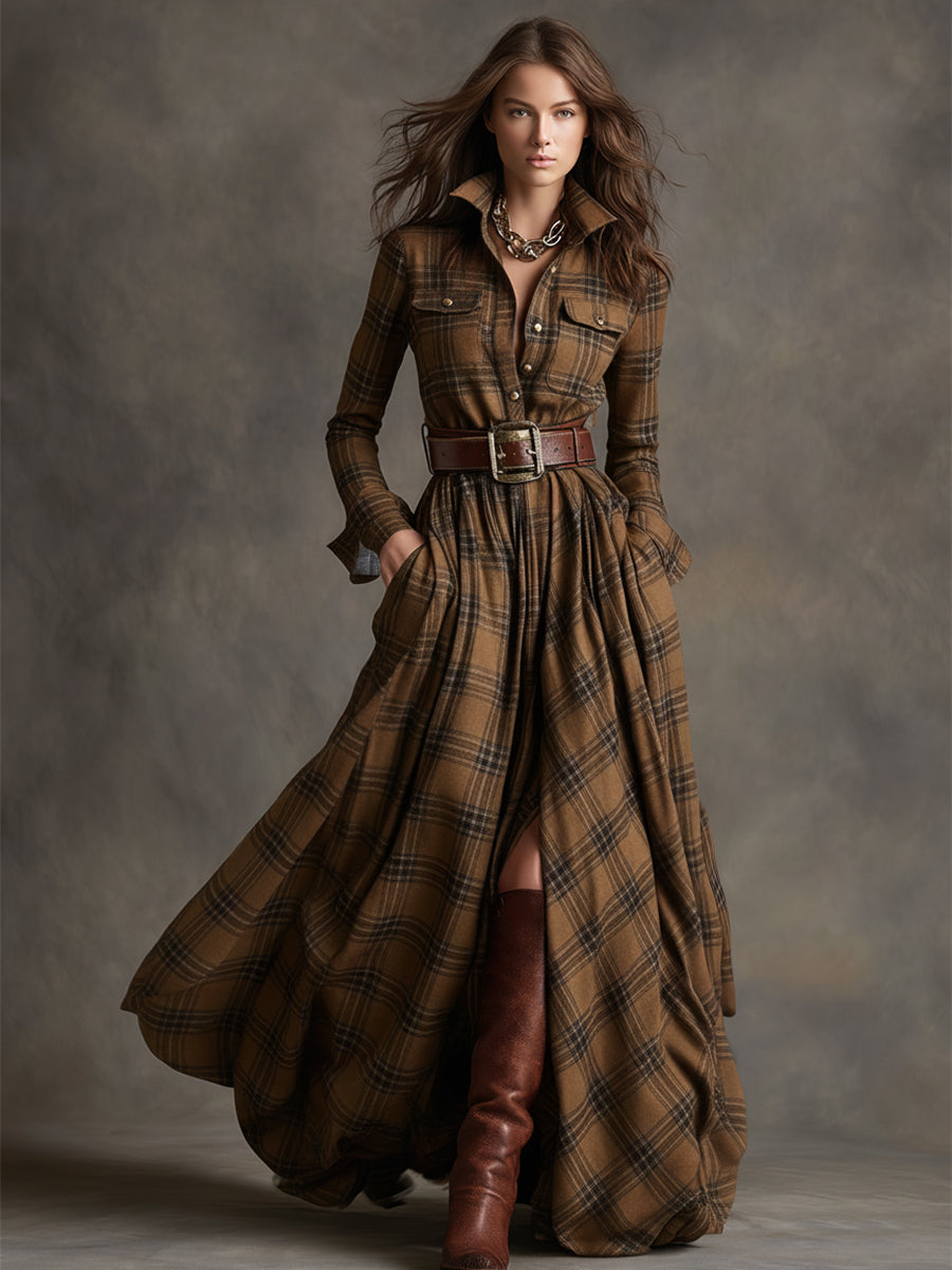 Retro Ethnic Style Lapel Reddish Brown Plaid Maxi Dress