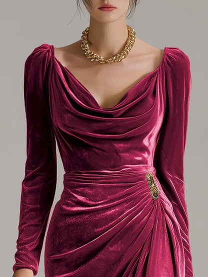 Elegant Pile Collar Velvet Midi Dress
