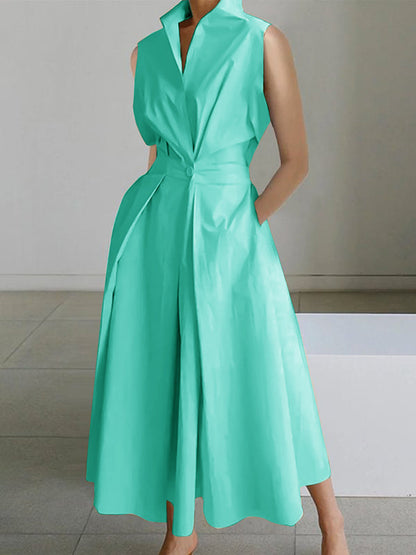 2024 Hellgrünes Baumwollkleid mit Peter-Pan-Kragen und Taschen, ärmellos