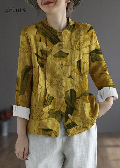 Blusa elegante de lino con botones y manga larga para mujer, color amarillo y floral, 2 unidades