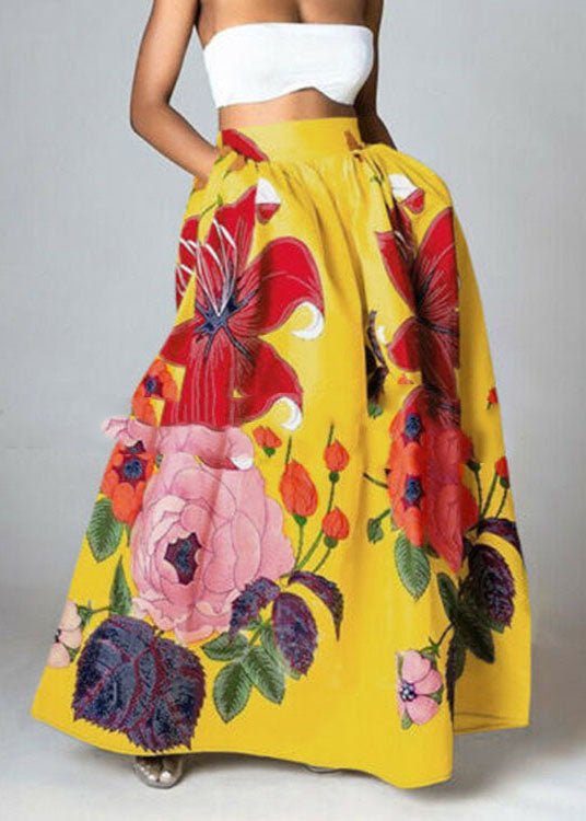 Bohemian Blau-sonnenblume Hohe Taille Taschen Floral Print Baumwolle A Linie Rock Sommer