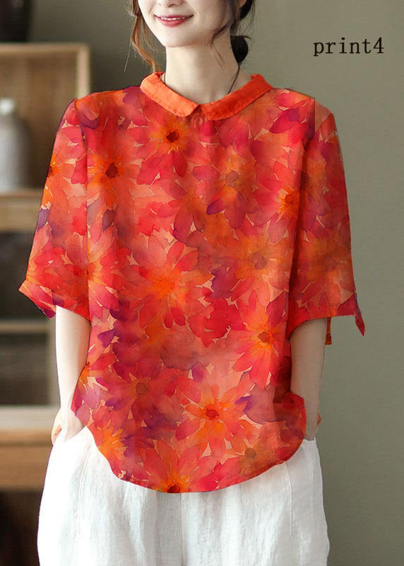 DIY Orange Print Ramie Halbarm Shirt Sommer