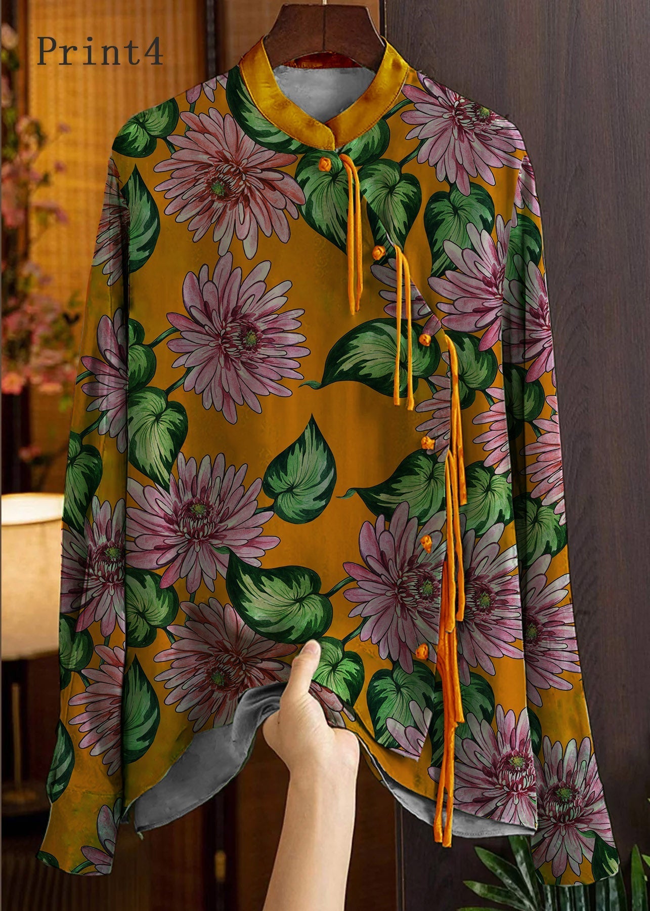 Beautiful  Yellow Text Mandarin Collar Button Print Silk Shirt Top Spring