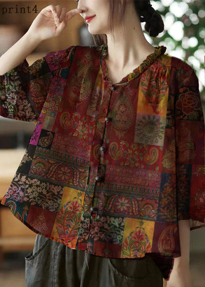 Plus Size Pink-Print3 Leinenbluse mit V-Ausschnitt und Rüschenprint, Halbarm