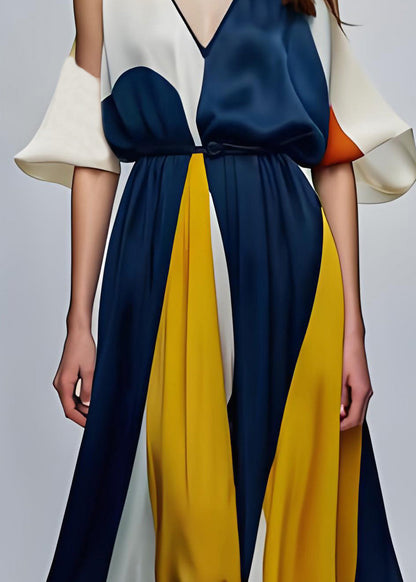Stil Colorblock V-Ausschnitt Cold Shoulder Seide Maxikleider Sommer