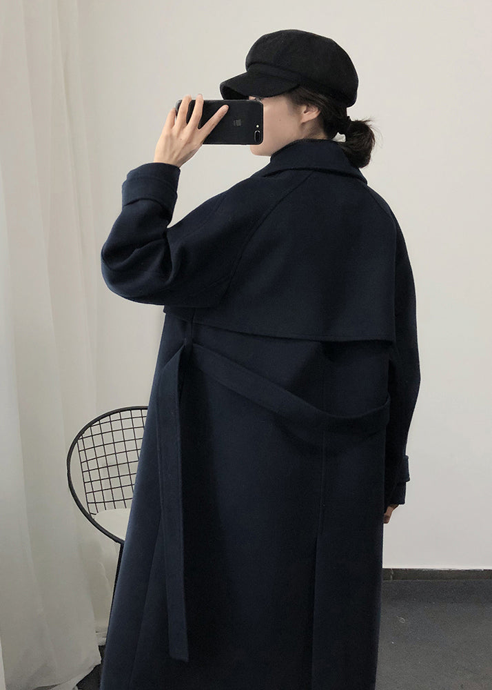 Modischer, locker sitzender Trenchcoat für den Frühling, Marineblau, Wollmantel mit Taillenbund