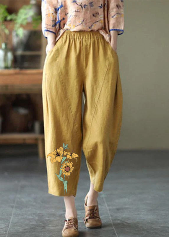 Pantalones harén de lino de verano con cintura elástica y flores de color marrón rojizo natural