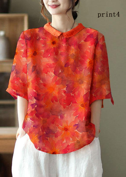 DIY Orange Print4 Ramie Halbarm Shirt Sommer