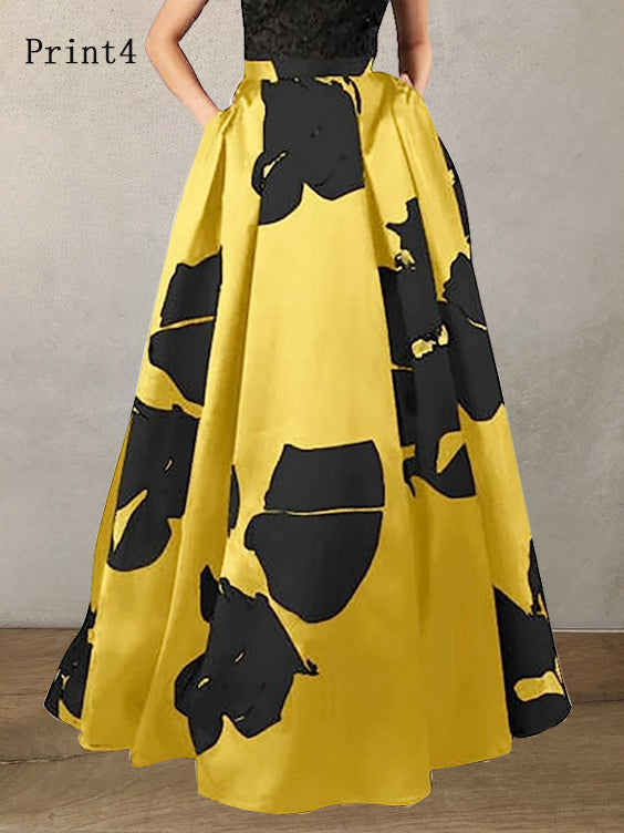 Bohemian Weiß - Rot Print Hohe Taille Taschen Blumendruck Baumwolle A Linie Rock Sommer