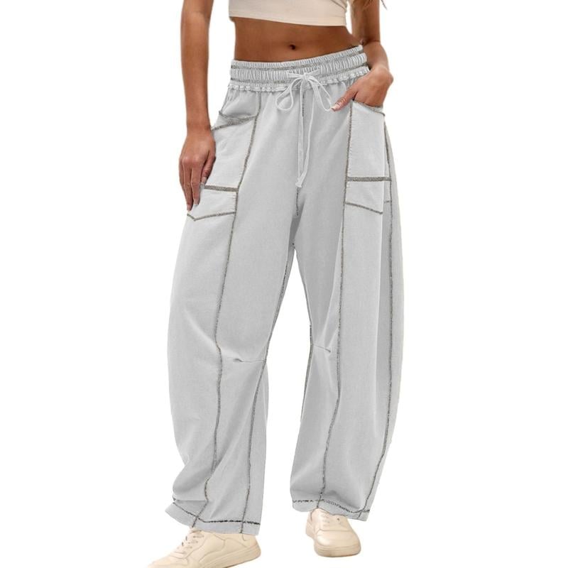 Womens Baggy Barrel Pants Wide Leg Lounge Drawstring Sweatpants with Pockets