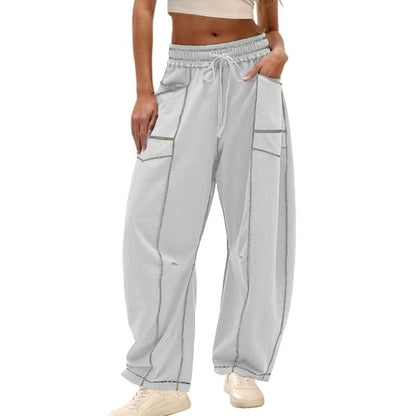 Womens Baggy Barrel Pants Wide Leg Lounge Drawstring Sweatpants with Pockets
