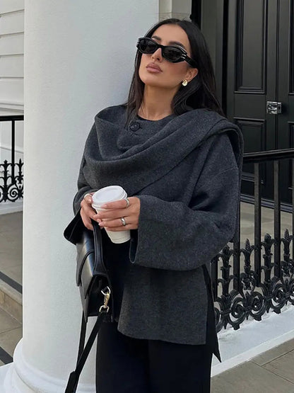 Deep gray wrap-style wool blazer