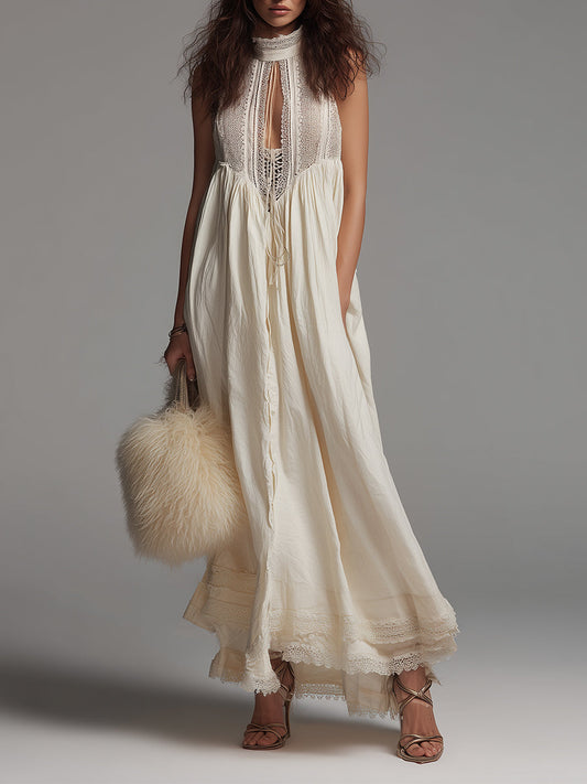 Bohemian Cotton Maxi Dress With Keyhole Neckline And Lace Trim