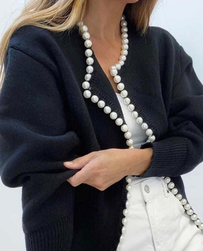 Pearl Chain V-Neck Oversized Knit Cardigan