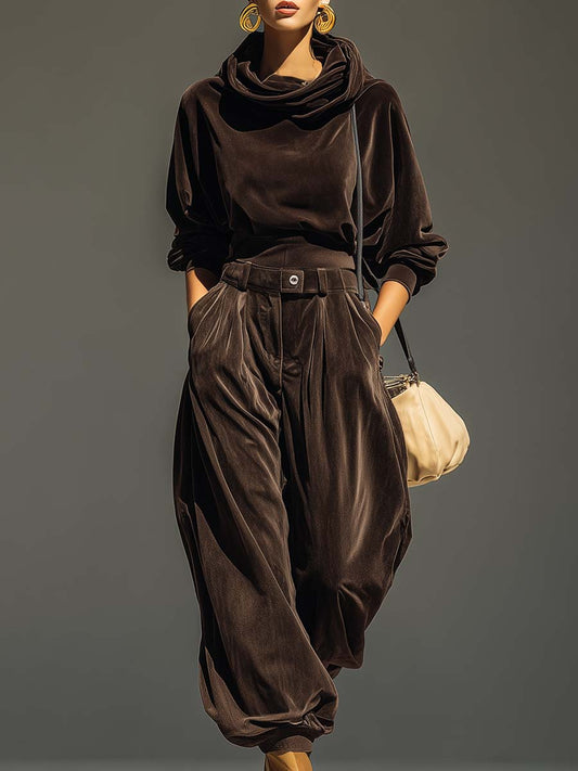Vintage brown velvet hoodie and loose-fitting trousers set