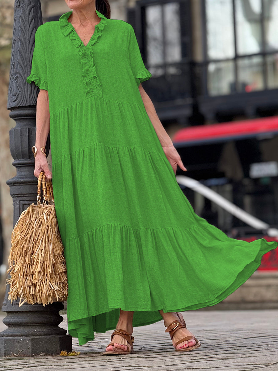 Ruffle Collar Cotton Linen Pocket Dress