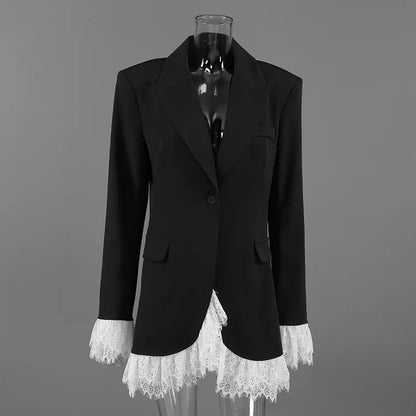 Black and White Lace Contrast-Color Waist-Defining Blazer-Style Skirt