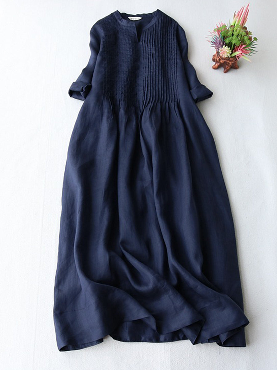 Pleated Cotton Linen Pocket Maxi Dress