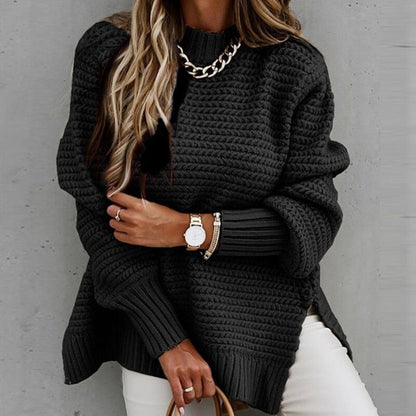 High-Neck Chunky Knit Oversized Sweater with Side Slit