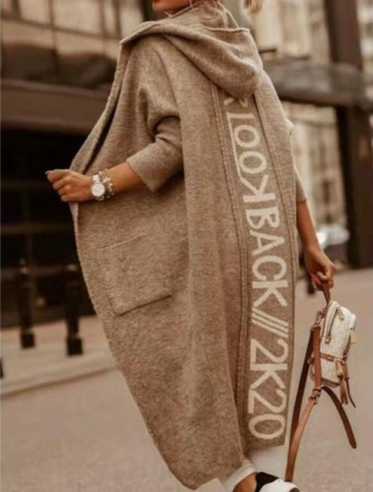 Long-Sleeved Hooded Oversized Knit Cardigan with Letter Print