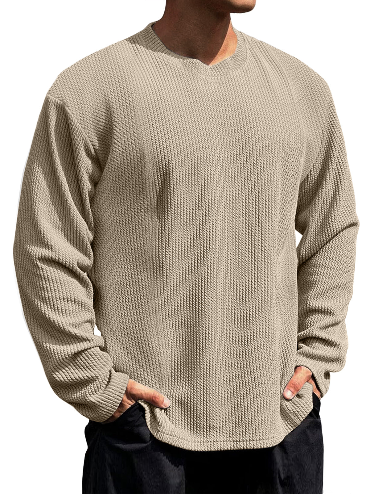 Men's Casual Round Neck Vertical Stripe Solid Color Long-sleeved T-shirt