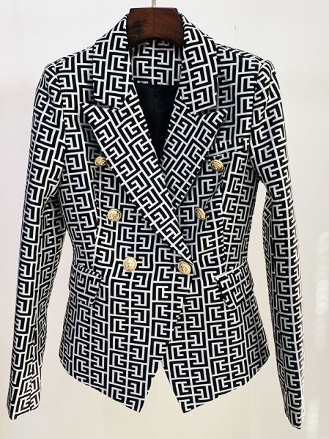 Double-breasted gold-buttoned fashion blazer with multiple herringbone patterns