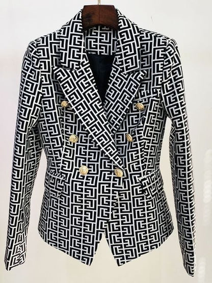 Double-breasted gold-buttoned fashion blazer with multiple herringbone patterns