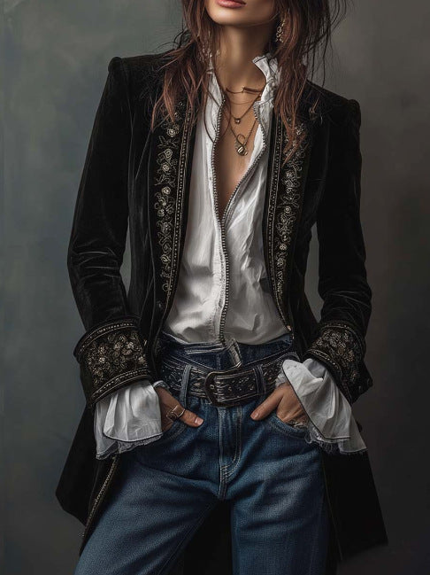 Vintage Navy Velvet Embroidered Long Jacket