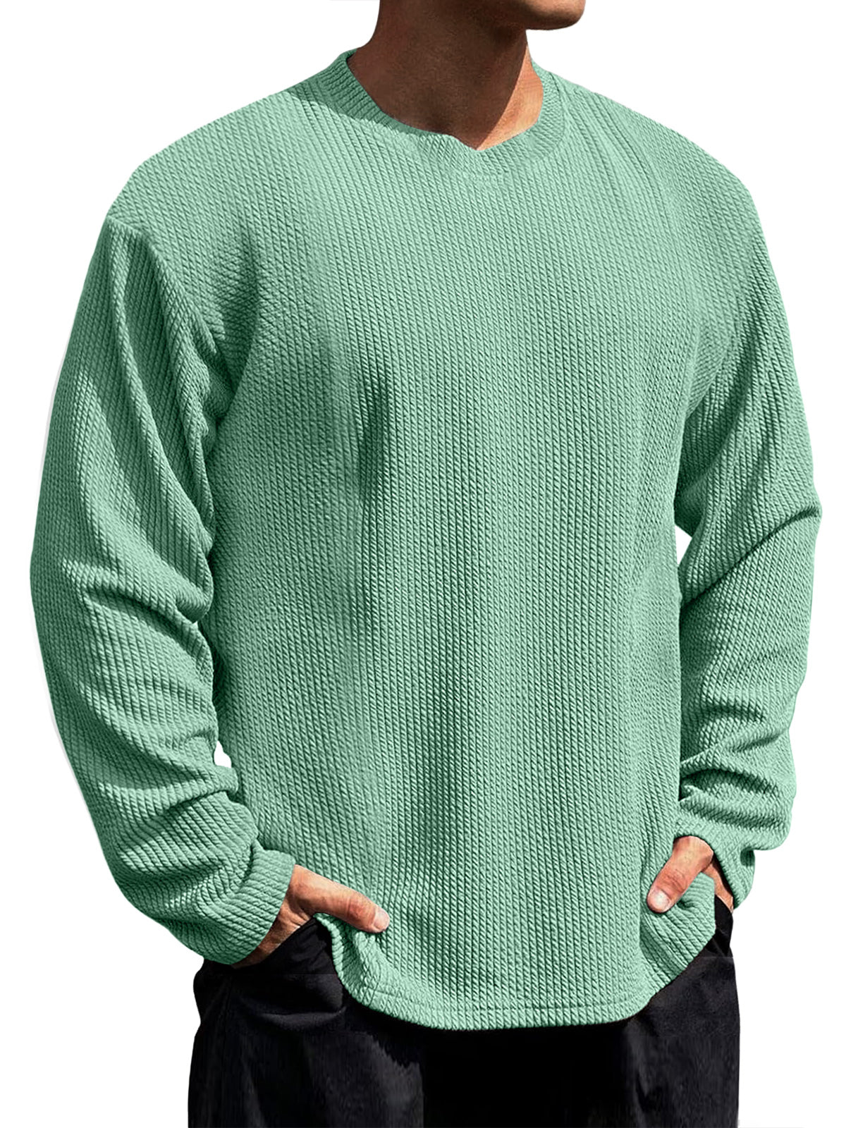 Men's Casual Round Neck Vertical Stripe Solid Color Long-sleeved T-shirt