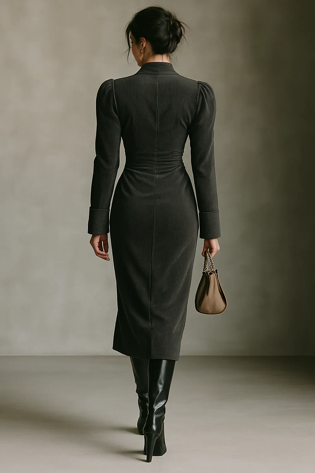 Black Corduroy V-Neck Waist Maxi Dress