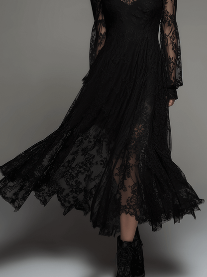 Gothic Elegance Black Victorian Lace Maxi Dress
