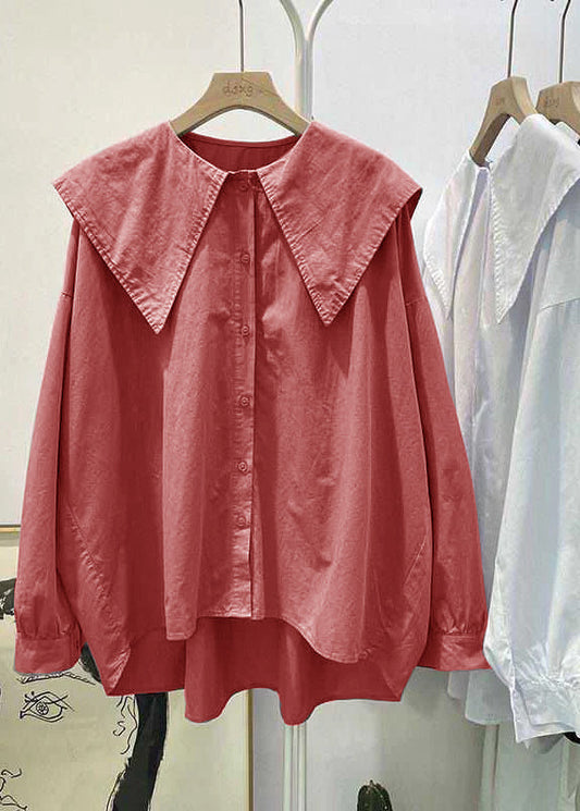 Böhmisches rotes Peter-Pan-Kragen-Knopf-asymmetrisches Design Herbst Langarm-Top