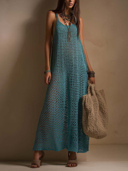 Vacation-style Ocean Teal Open-knit Slip Maxi Dress