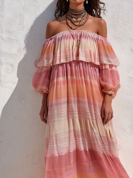 Boho Sunset Stripe Off-Shoulder Tiered Chiffon Maxi Dress With Smocked Waist