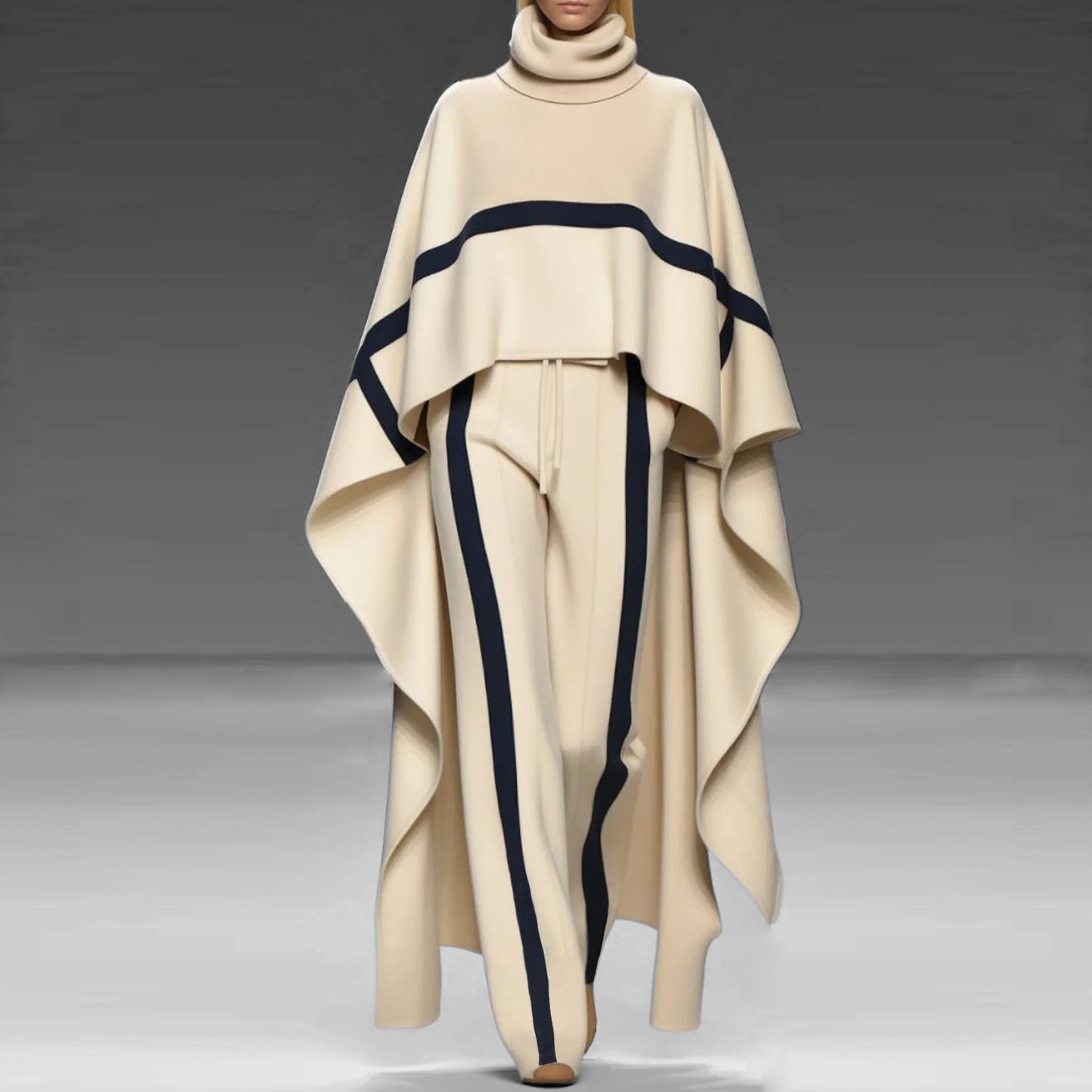 Women's Fashion Striped Turtleneck Asymmetrical Cape & Drawstring Pants 2Pcs Set