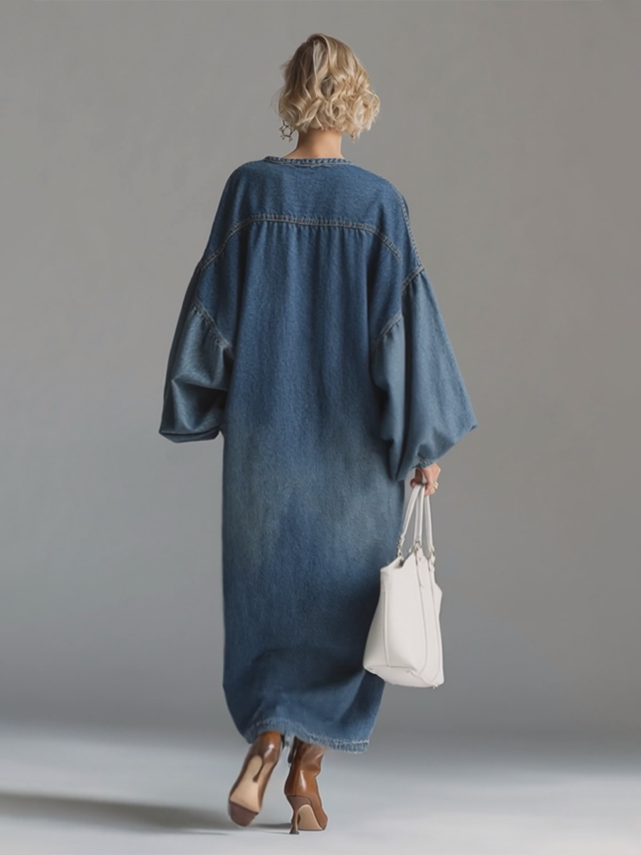 Blue Denim Button-Down Maxi Dress