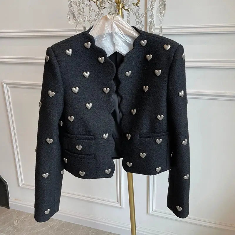 Black-based silver-heart chunky knit Chanel-style cropped jacket