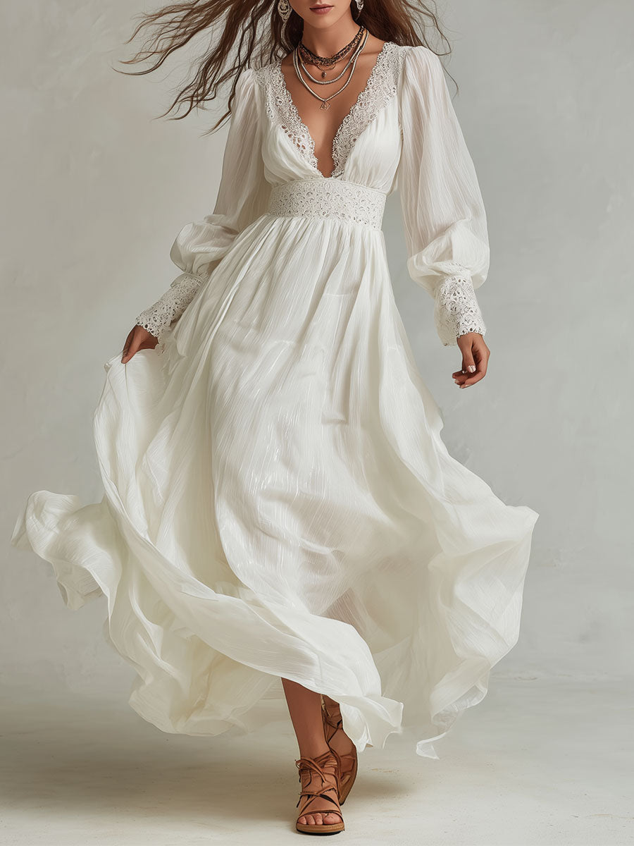 Elegant Shinny Chiffon Lace Splicing Maxi Dress