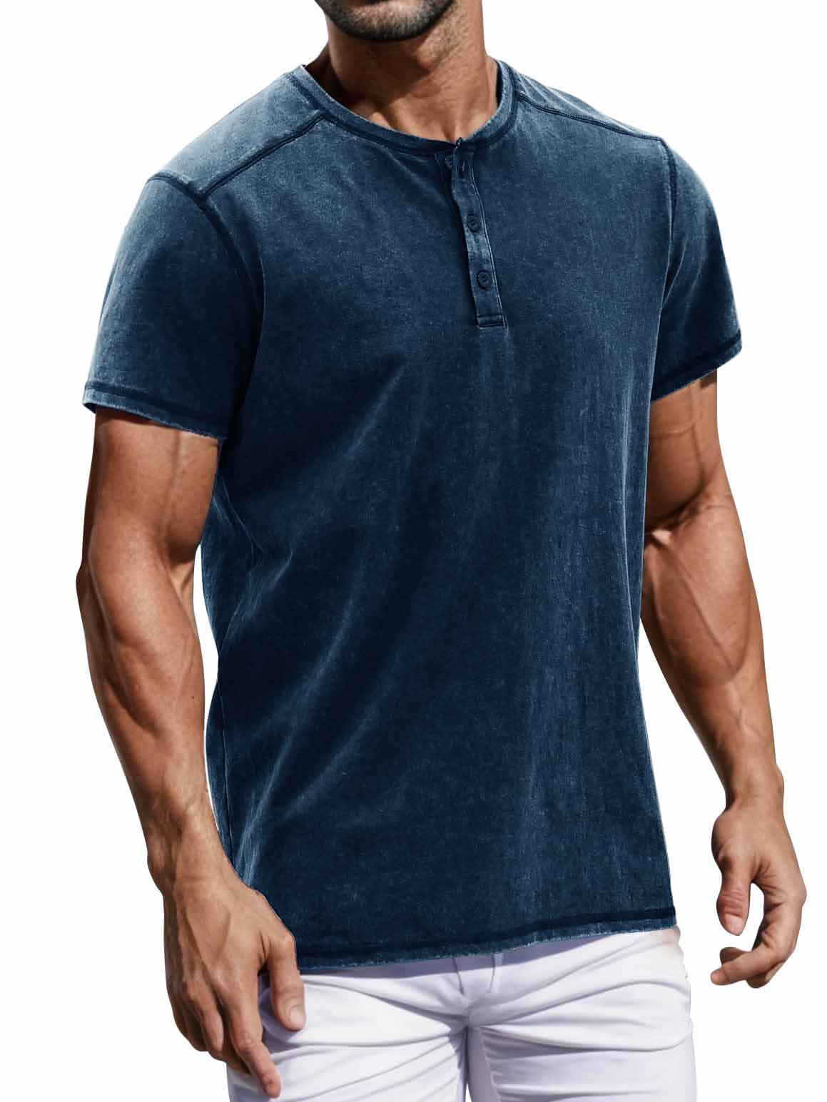 Men's Casual Basic Distressed Button Henley Shirt