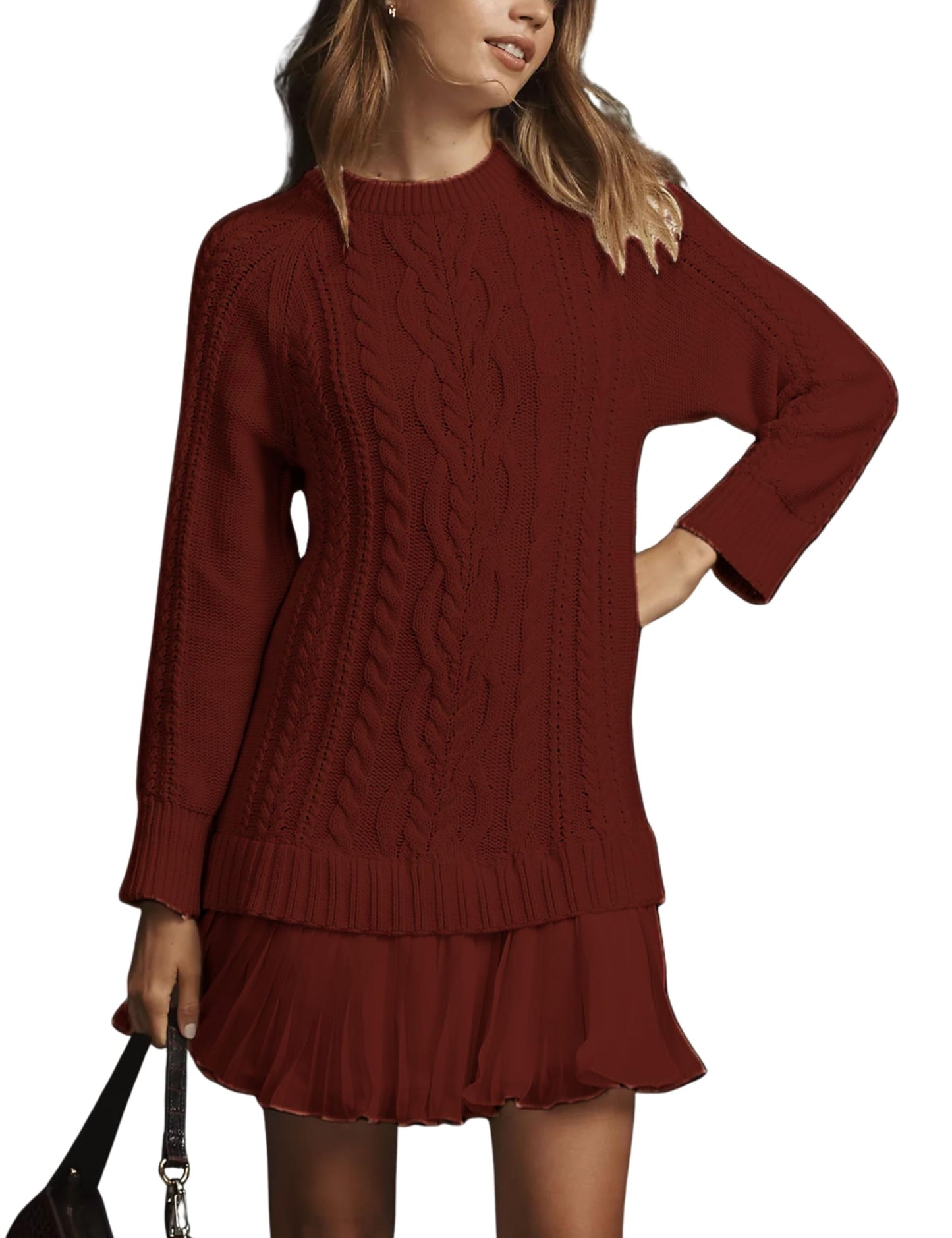 Women Crewneck Cable Knit Sweater Mini Dress