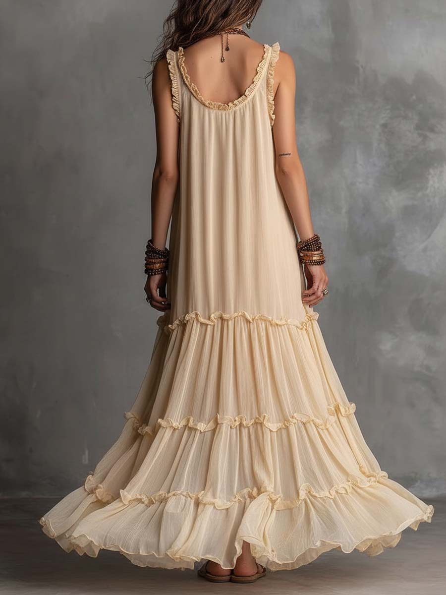 Soft Cream Vintage Flow Boho Tiered Ruffle Maxi Dress