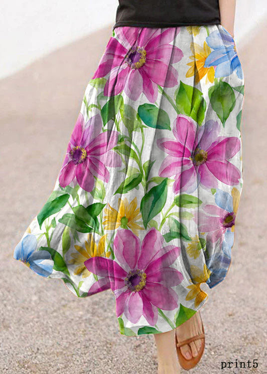 Retro lila Blumendruck 5 Taschen Leinenrock Sommer