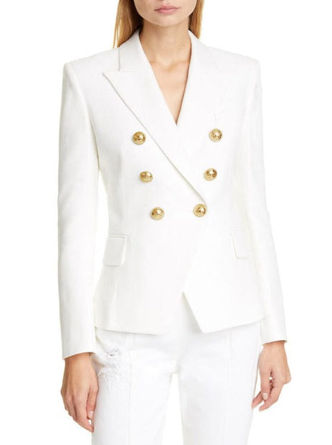 Commuter Cream Double-Breasted Gold-Buttoned Waist-Defining Blazer