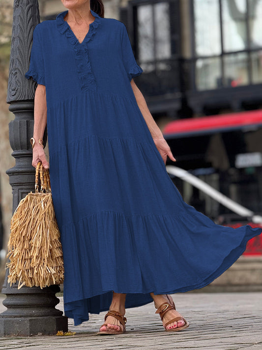 Ruffle Collar Cotton Linen Pocket Dress