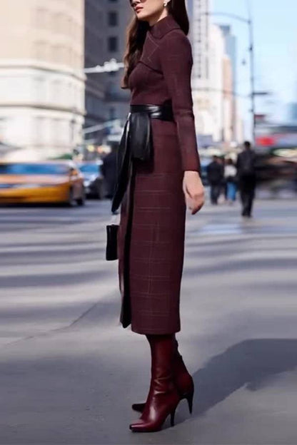 Tie-waisted elegant long woolen dress