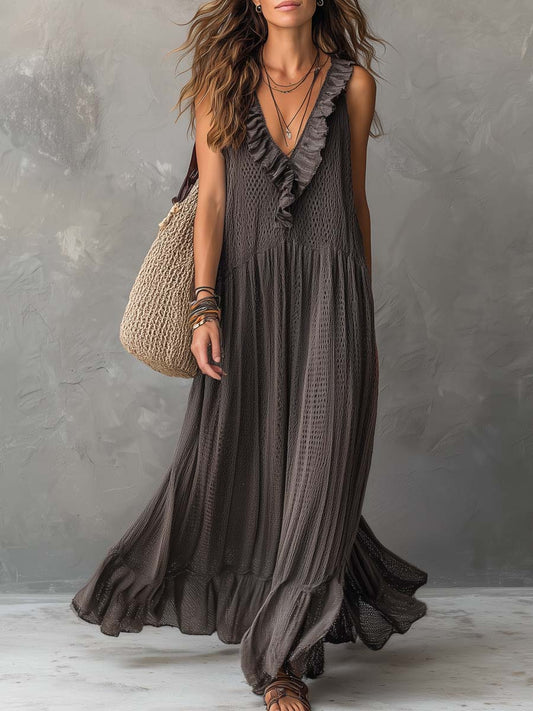 Vintage Ruffled Collar Flare Hem Sleeveless Knitted Maxi Dress